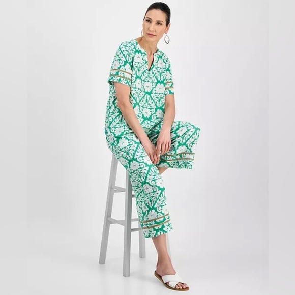JM Collection 2-Piece Lounge Set Women’s S Green White Baroque Print Top & Pants - Picture 13 of 13